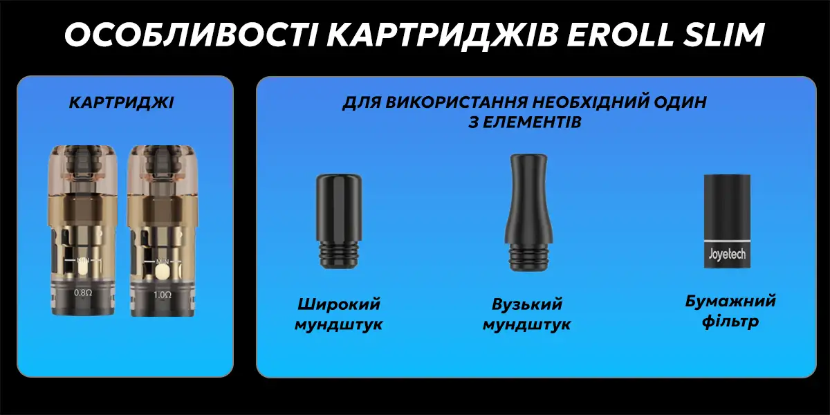 Можливі витратні елементи (мундштуки) для картриджів Joyetech Eroll Slim